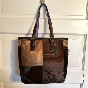 Coach Mixed‎ Media Brown Gold Medium Sized Tote Bag-Patchwork-Y2K-Vintage